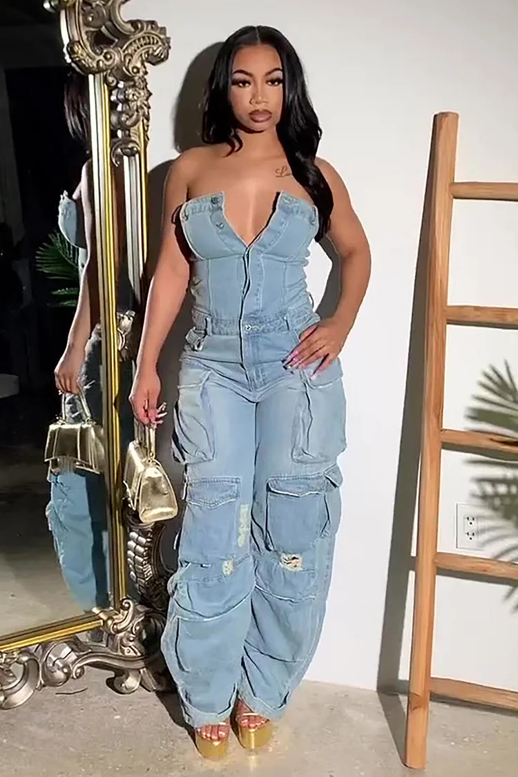 Strapless Button Up Pockets Denim Cargo Jumpsuit-Blue