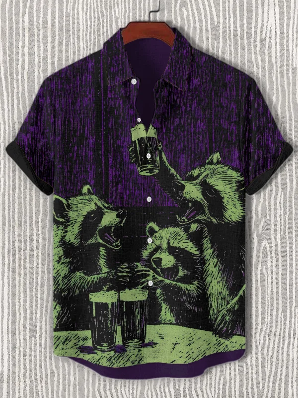 Men's Raccoon Party Drinking Art Print Casual Shirt