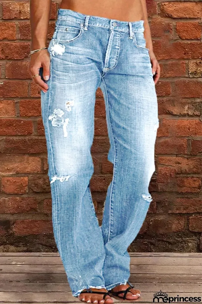 Casual Street Patchwork Ripped Straight Denim Jeans