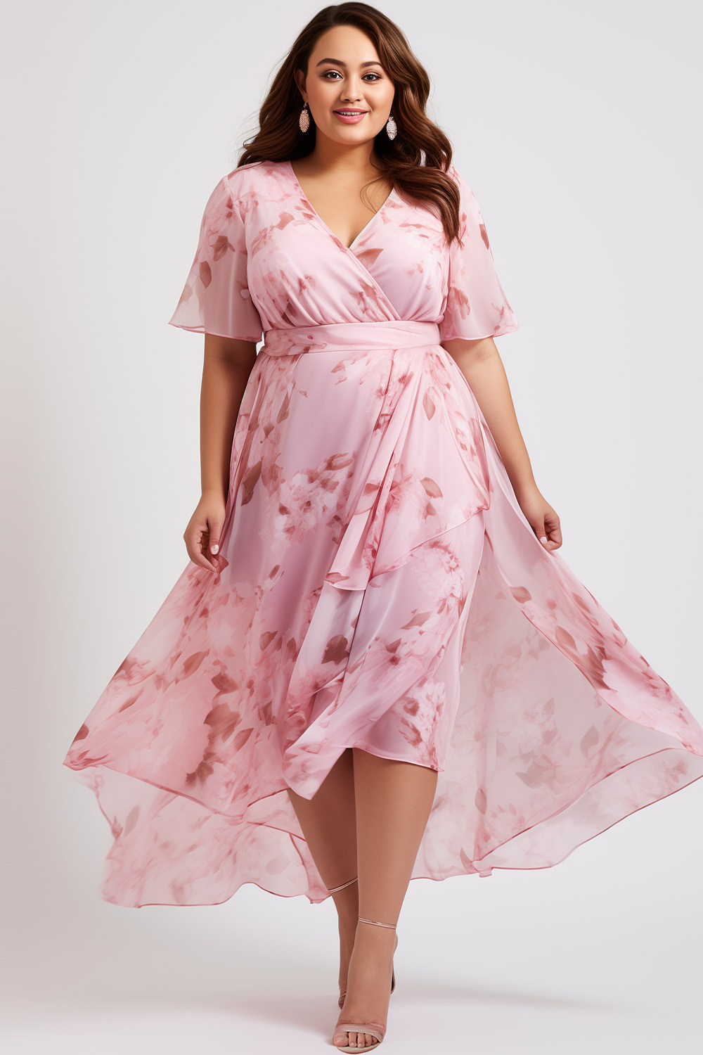 Flycurvy Plus Size Vacation Pink Chiffon Floral Print Wrap Slit Maxi Dress 2024 - Flycurvy 