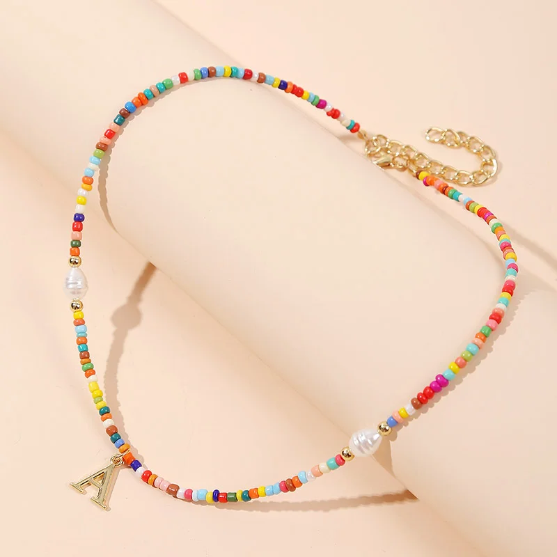   Bohemian letter A colored rice beads necklace - Neojana