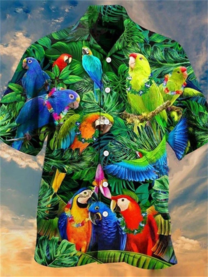Men's Shirt Parrot Hawaiian Graphic Shirt Animal Turndown Sea Blue Green Blue Purple Red Outdoor Street Short Sleeve Button-Down Clothing Apparel Fashion Designer Casual Breathable