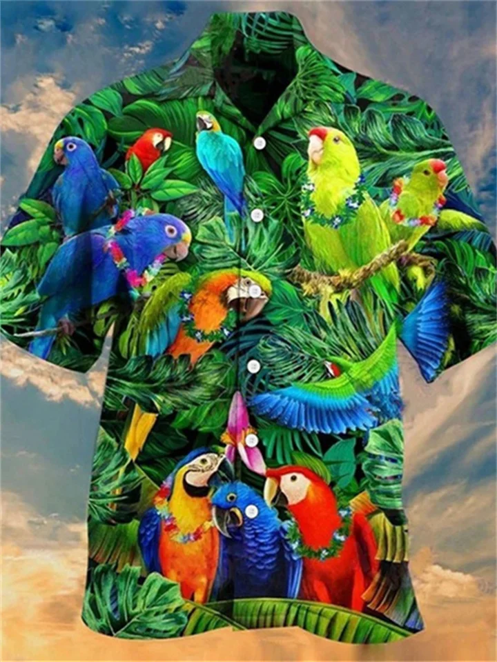 Men's Shirt Parrot Hawaiian Graphic Shirt Animal Turndown Sea Blue Green Blue Purple Red Outdoor Street Short Sleeve Button-Down Clothing Apparel Fashion Designer Casual Breathable-Mixcun
