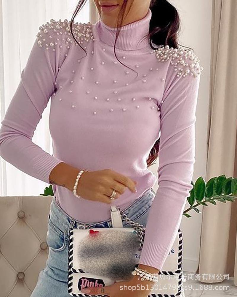 2021 new women's bubble bead decoration turtleneck long-sleeved sweater