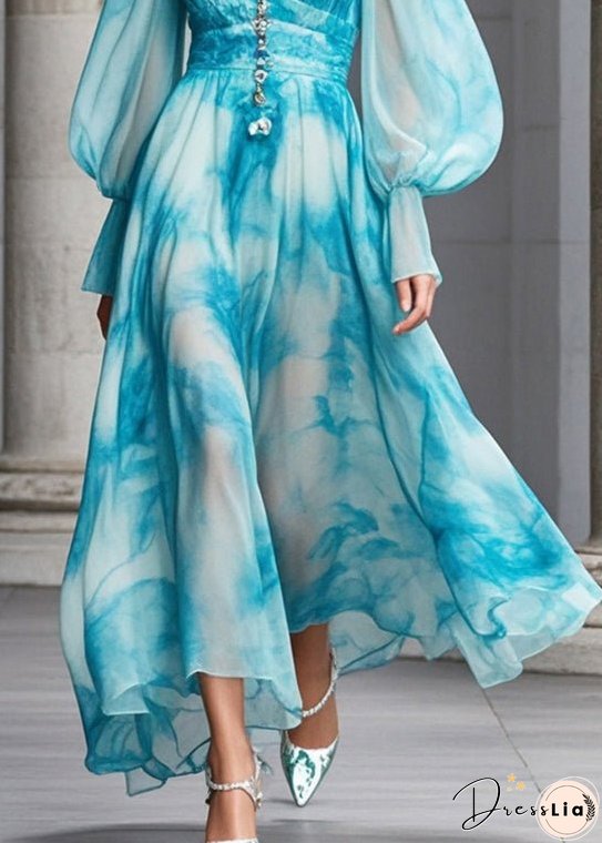 Women Blue V Neck Tie Dye Chiffon Maxi Dresses Fall