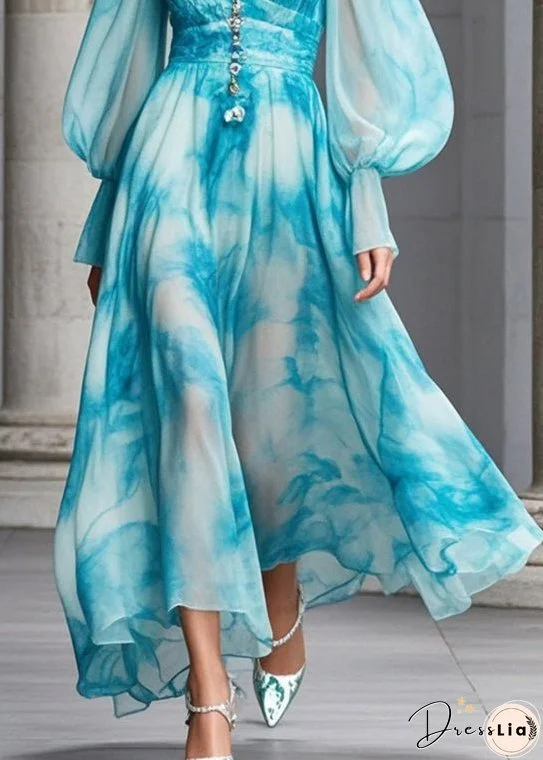 Women Blue V Neck Tie Dye Chiffon Maxi Dresses Fall