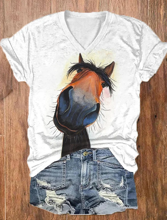 Women's Funny Horse Print Casual V-Neck Tee