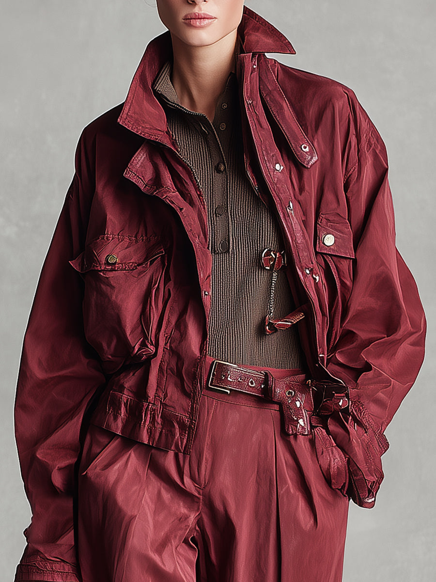 Women's Burgundy Cotton Workwear Style Jacket MDA2729K0I