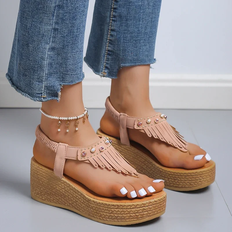 Zhungei Tassels Clip Toe Summer Women Sandals 2023 Flower Printed Wedges Sandals Woman Plus Size Non Slip Casual Shoes Female