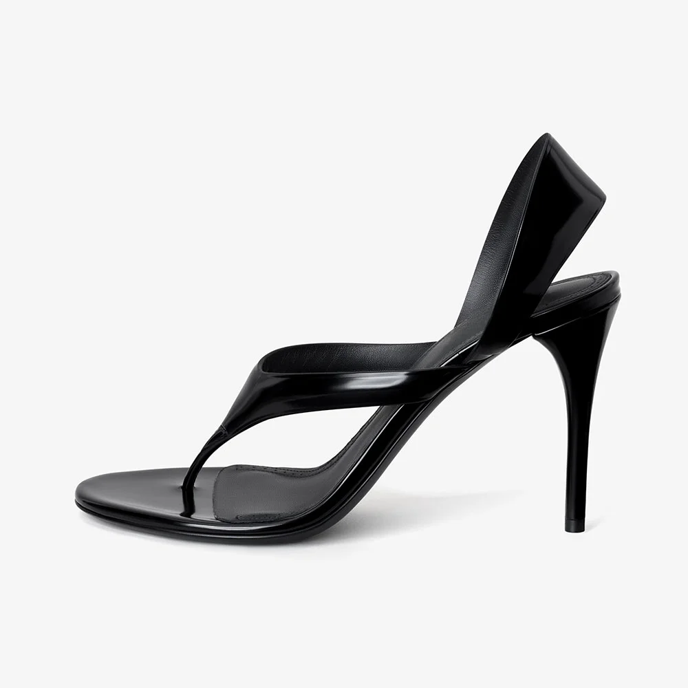 Patent Leather Open Toe Slingback Flip Flop Black Heels Sandals