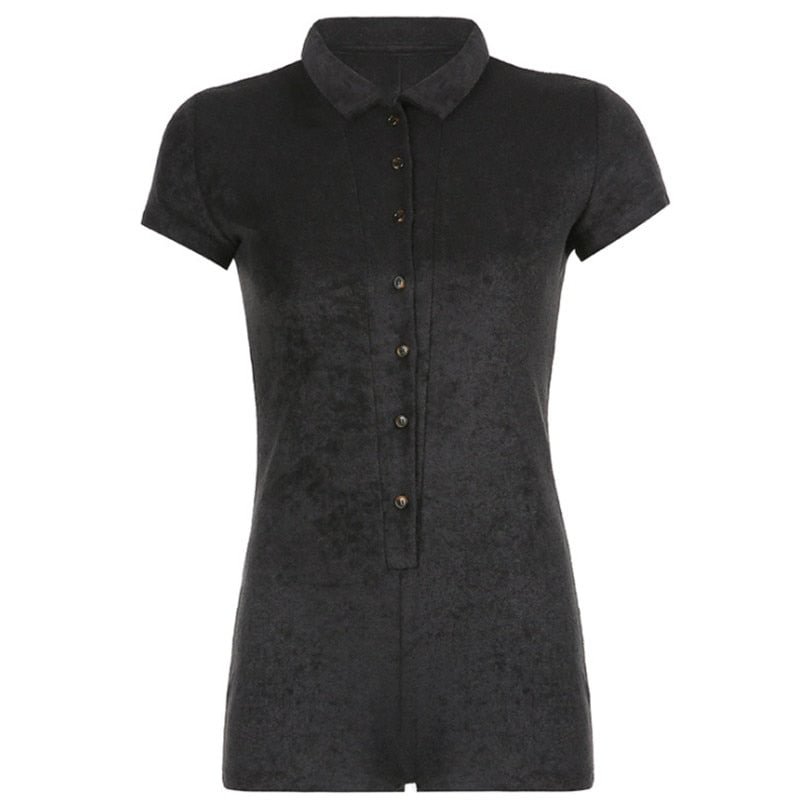 Summer Ladies Short Sleeve Mini Playsuits Solid Color Buttons Lapel Romper Jumpsuits Shorts Women Casual Homewear Clothes Set