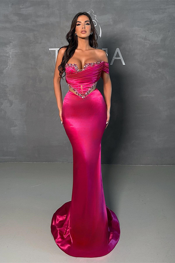 Modern Fuchsia One Shoulder Prom Dress Mermaid Long With Beads - lulusllly