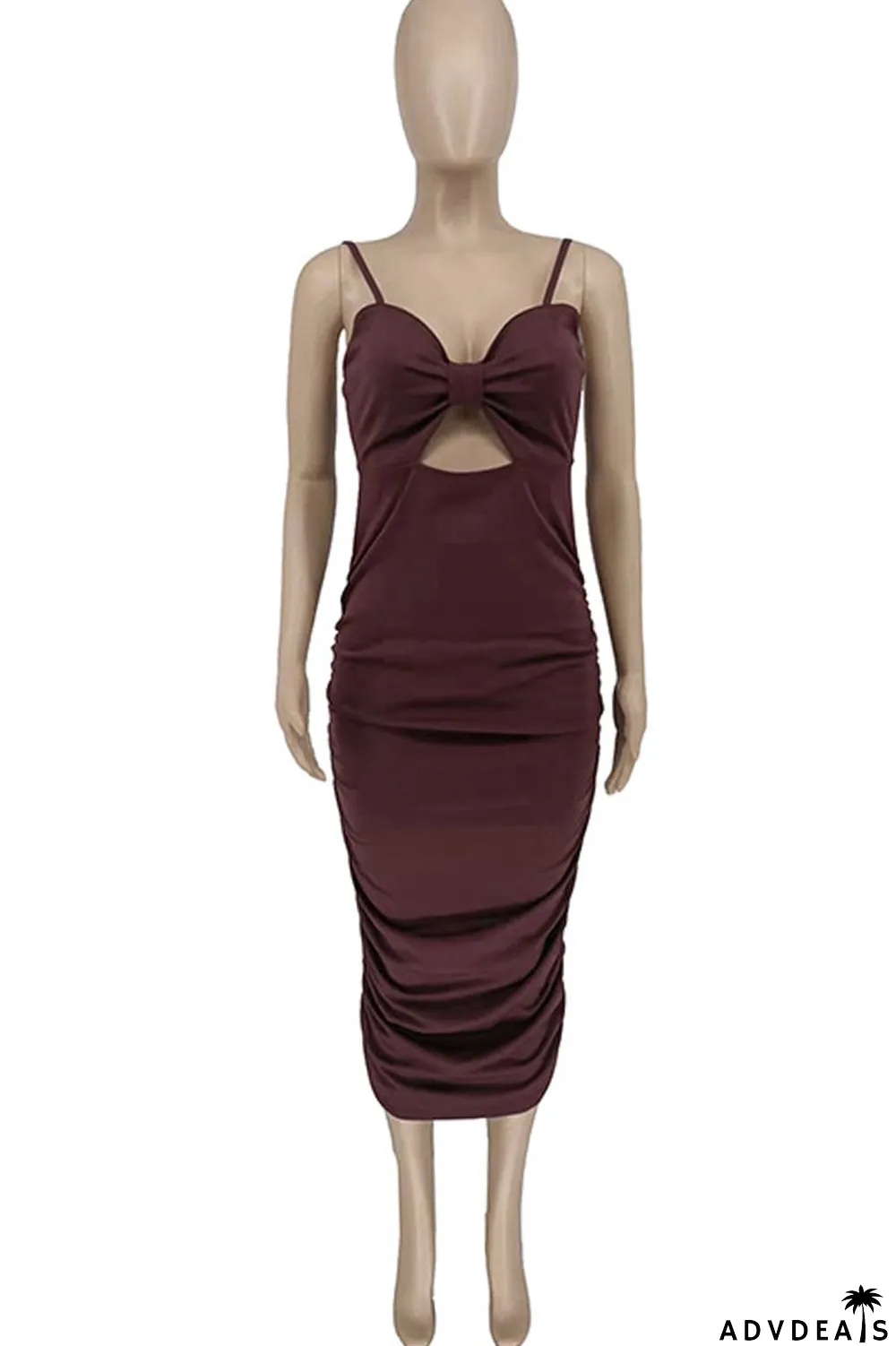 Coffee Sexy Solid Split Joint Spaghetti Strap Sling Dress Dresses