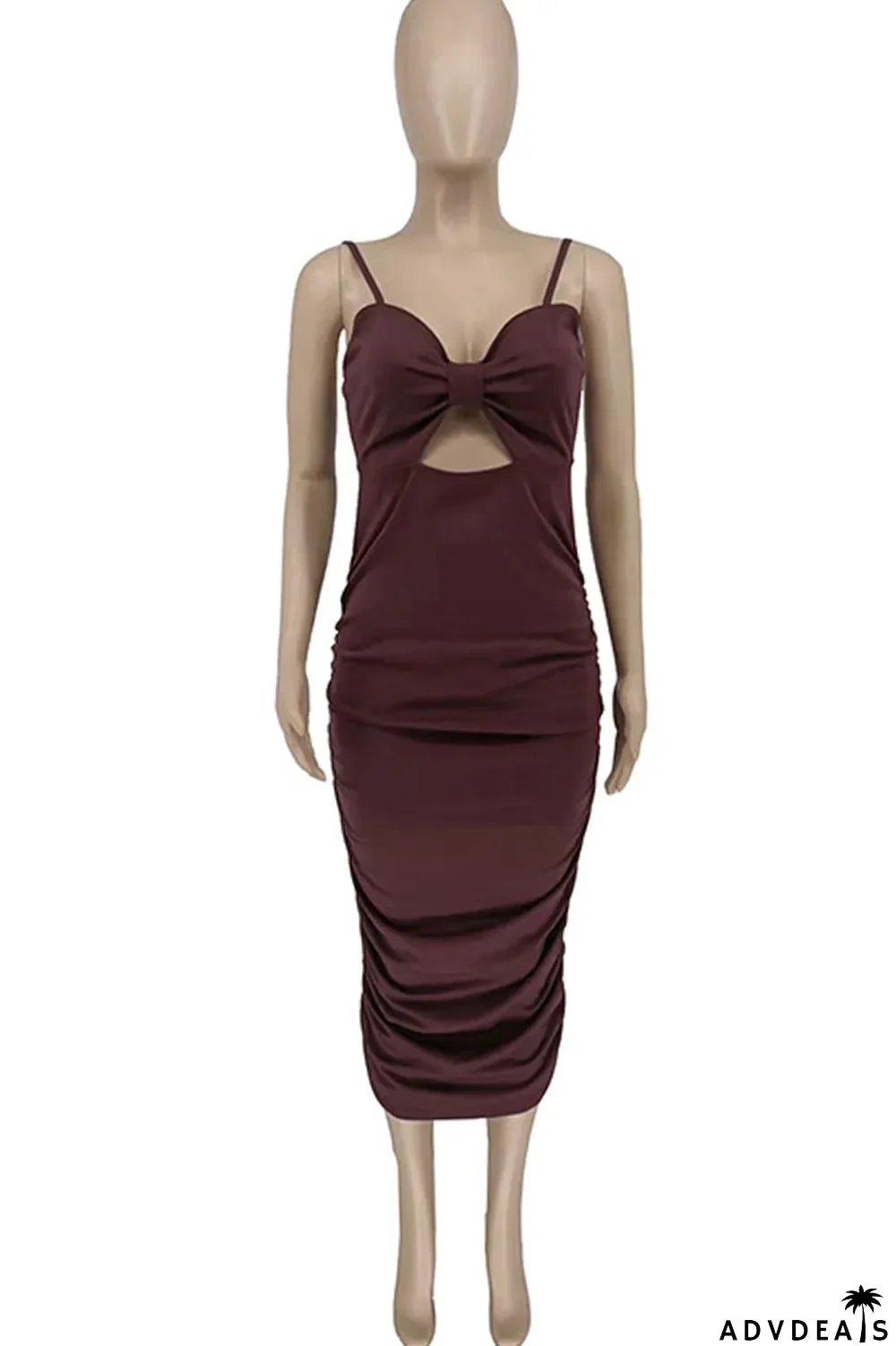 Coffee Sexy Solid Split Joint Spaghetti Strap Sling Dress Dresses