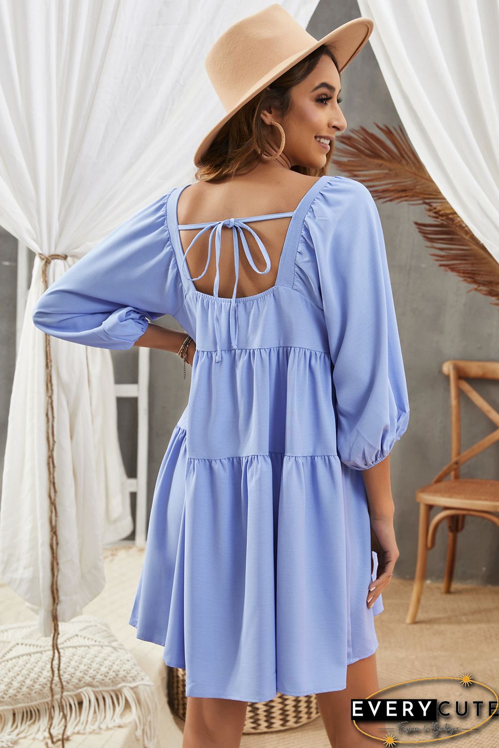 Sky Blue Square Neck Half Sleeve High Low Mini Dress