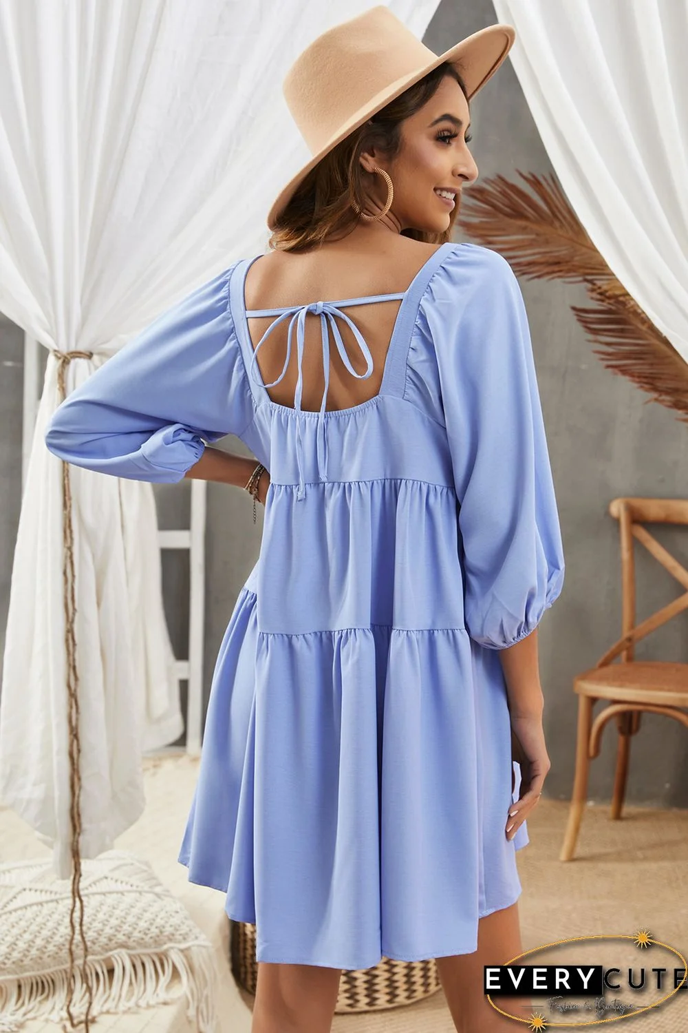 Sky Blue Square Neck Half Sleeve High Low Mini Dress