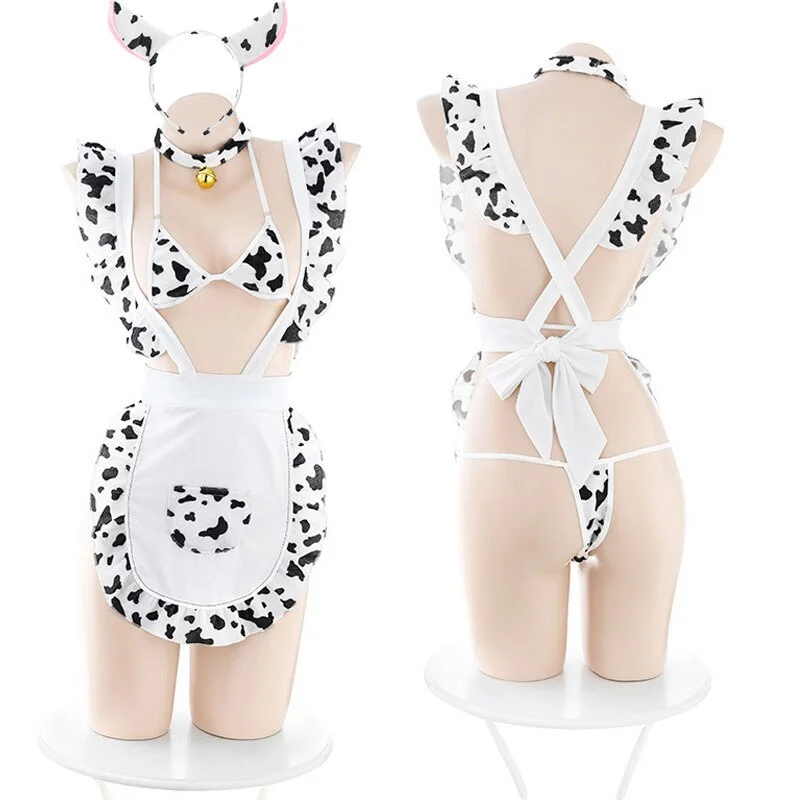 Billionm OJBK Sexy Mini Cow Bikini Lingerie Set Women Kawaii Cosplay Costumes Maid Apron Sleepwear Halter V-neck Erotic Milk Cow Outfits