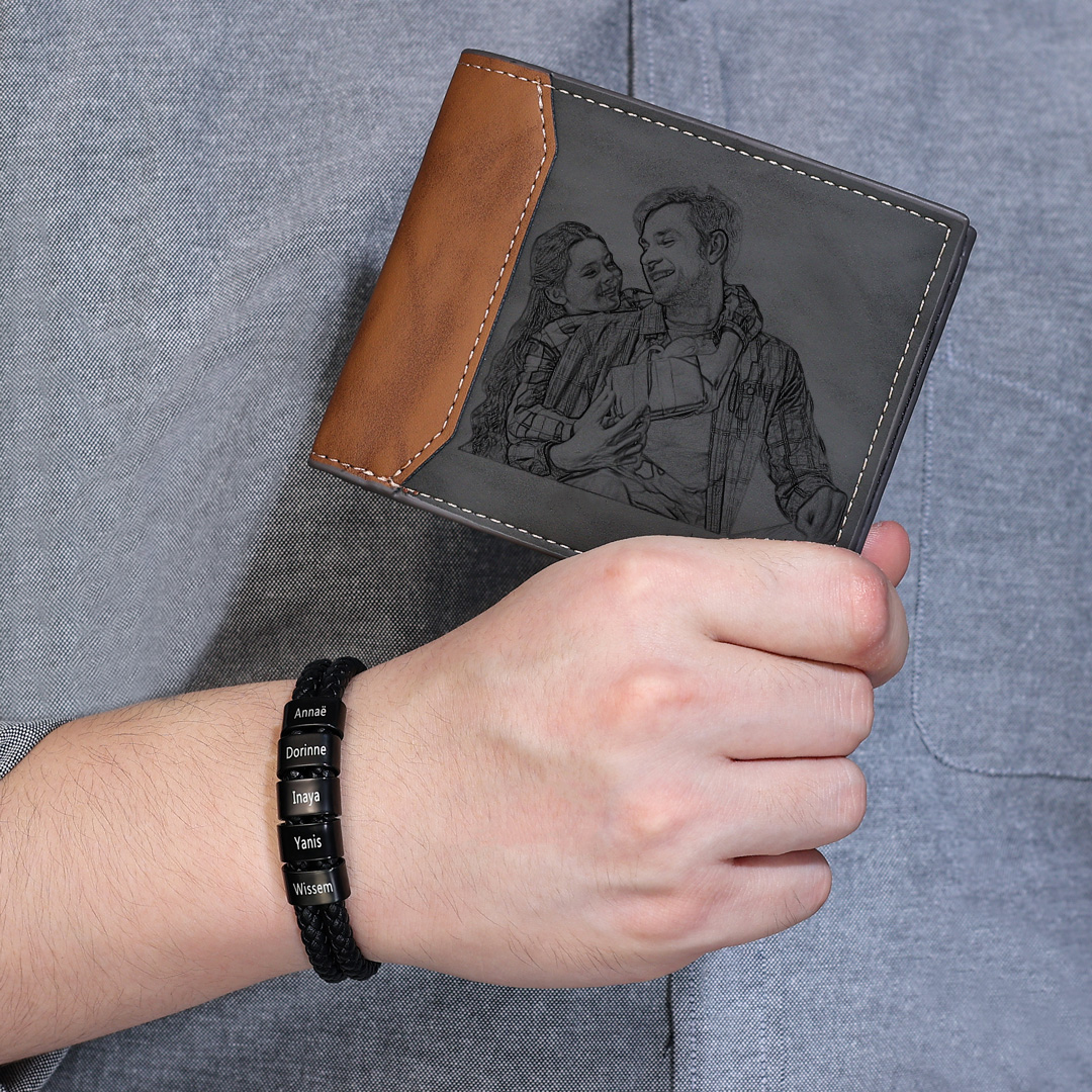Black Personalised 1 Photo & 1 Letter & 6 Names Gift Set Custom Wallet & Bracelet & Pen Gift Box Set Father’s Day Gifts