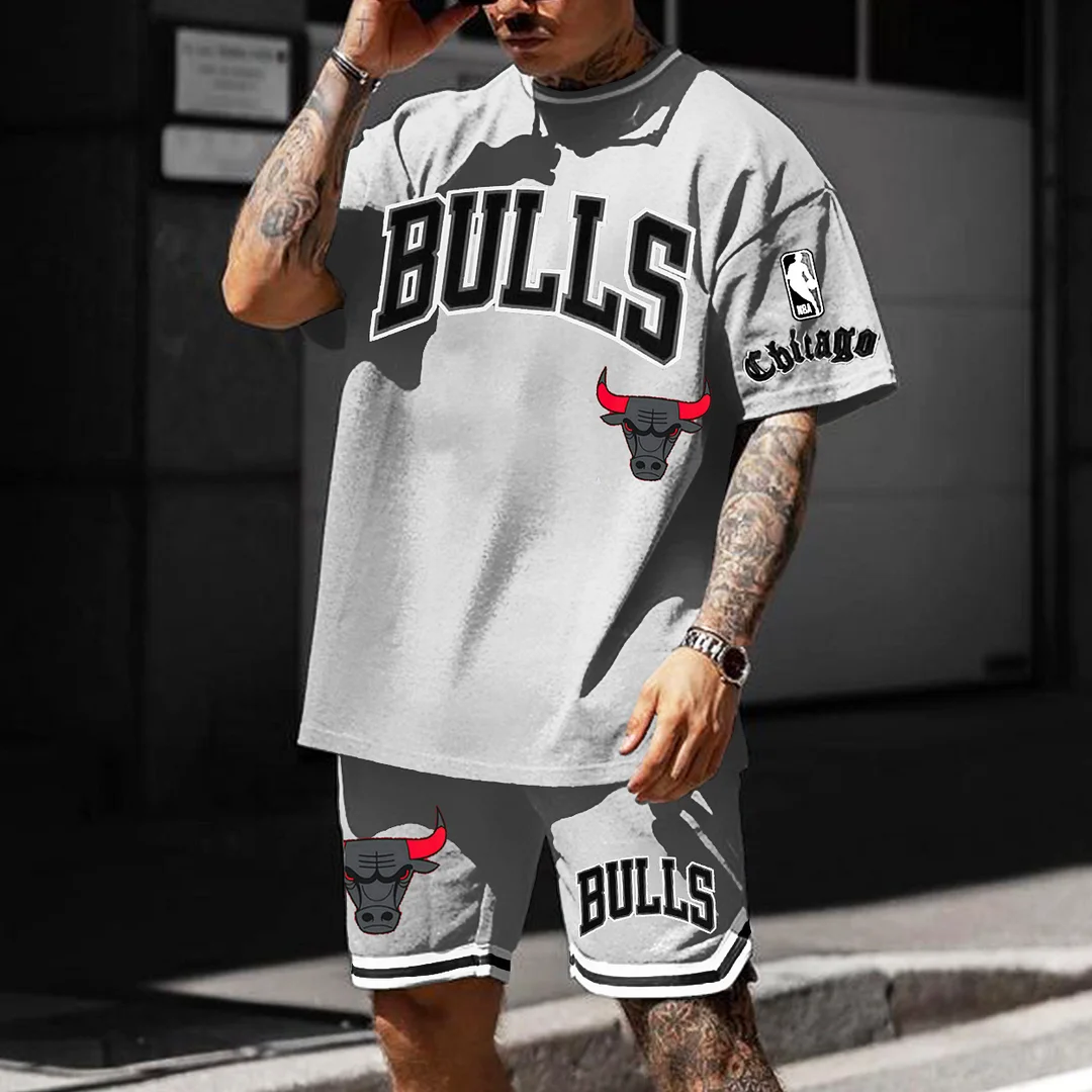 Men's Chicago Basketball Print Casual Sports Shorts Suit、、URBENIE