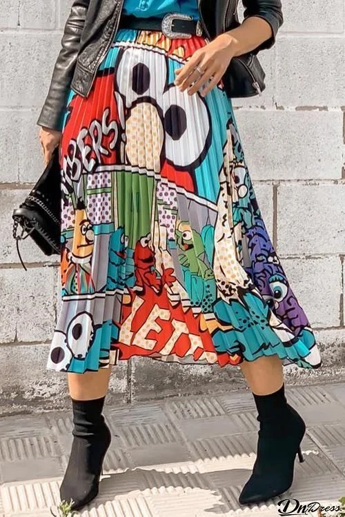 Cartoon Print Pleated Skirts