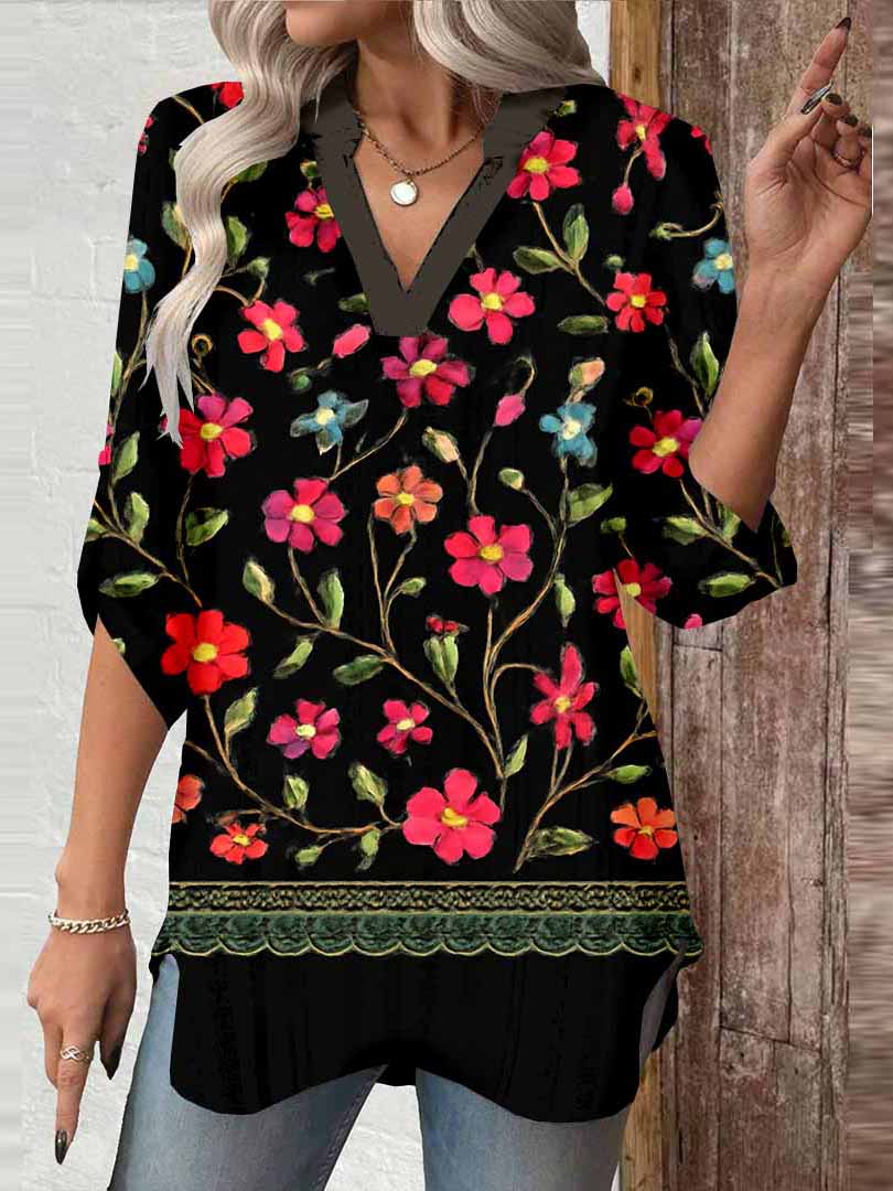 Women Floral, Black DZGA0055 3/4 Sleeve V-neck Printed Graphic Button Tops