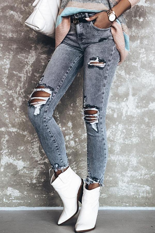 Womens Casual Hole Skinny Fit Regular Jeans-Allyzone-Allyzone