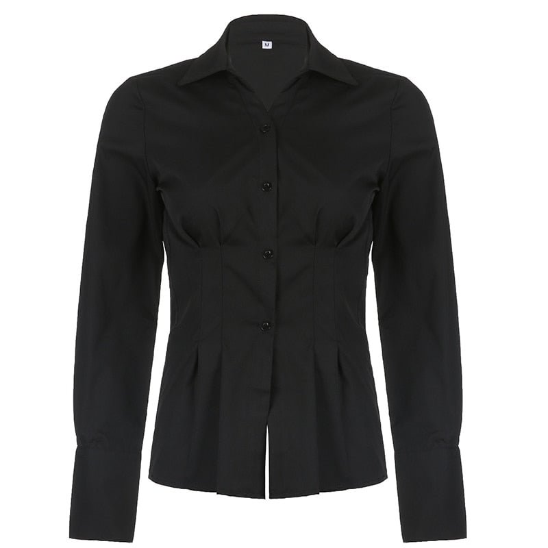 Rapcopter Y2K Button Crop Top Ruched Full Sleeve T Shirt Turn Down Collar Retro Elegant Cardigans Women Corset Tee Korean New