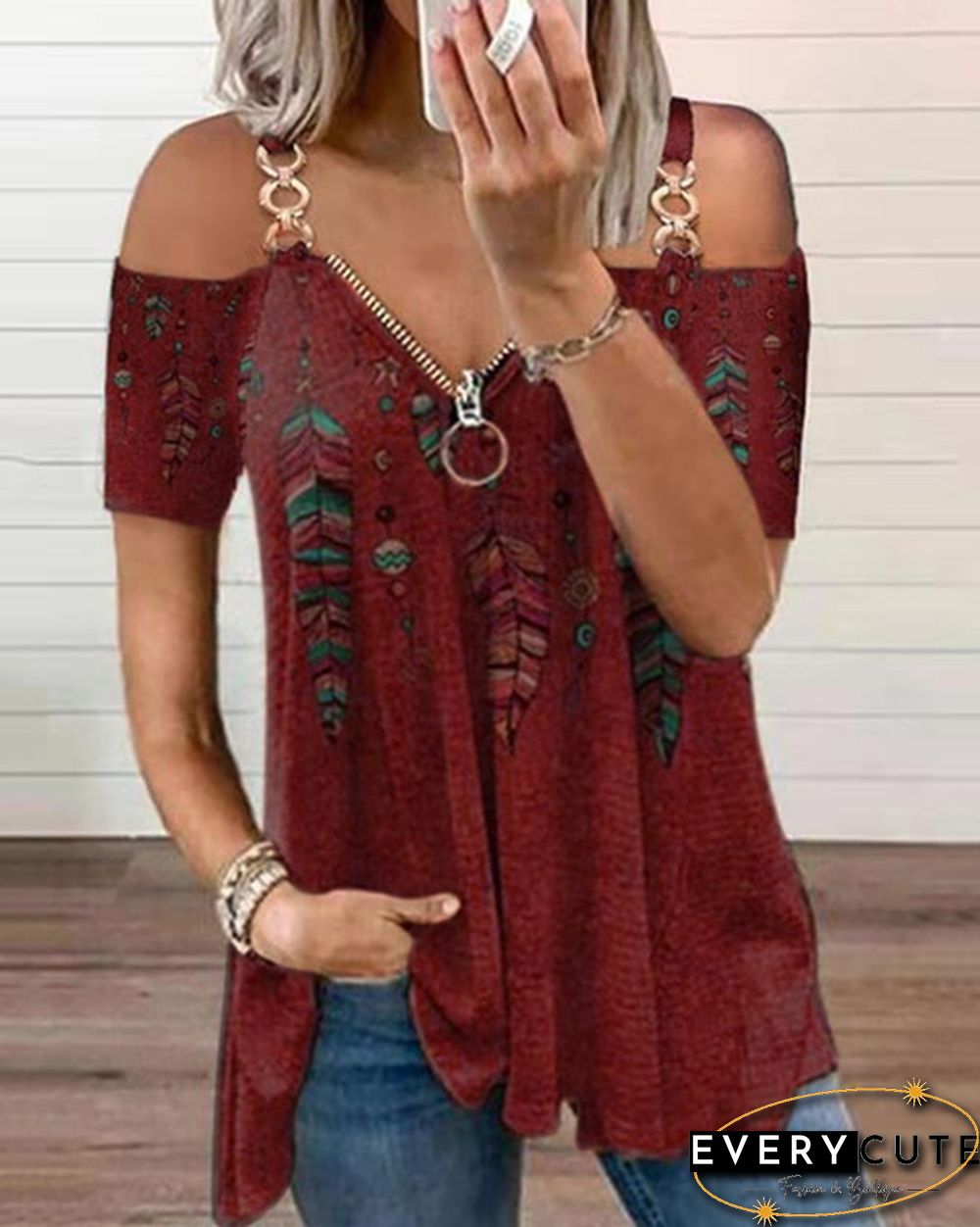 Summer New Fashion Women's Feather Printed Metal Strap Zipper V-neck Casual Strapless Short Sleeve Top Loose Plus Size Soft and Comfortable Summer T Shirt Shirt XS-5XL