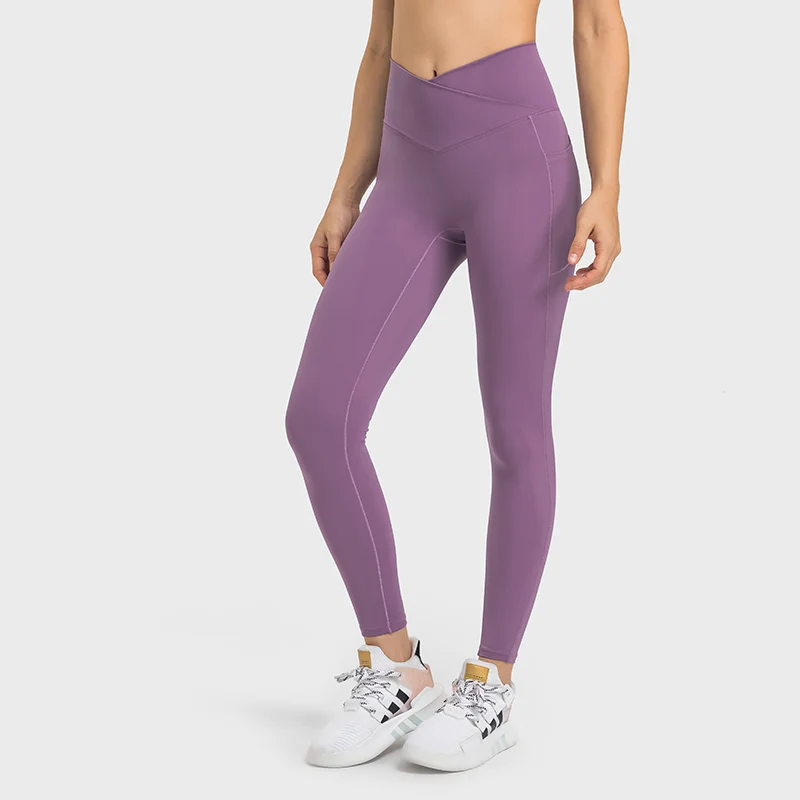 Hergymclothing Saffron Purple no front seam high waist criss cross capri leggings with side pockets online shopping