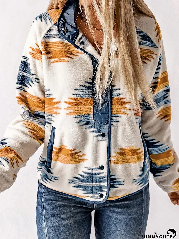 Aztec Patterned Snap Button Fleece Jacket
