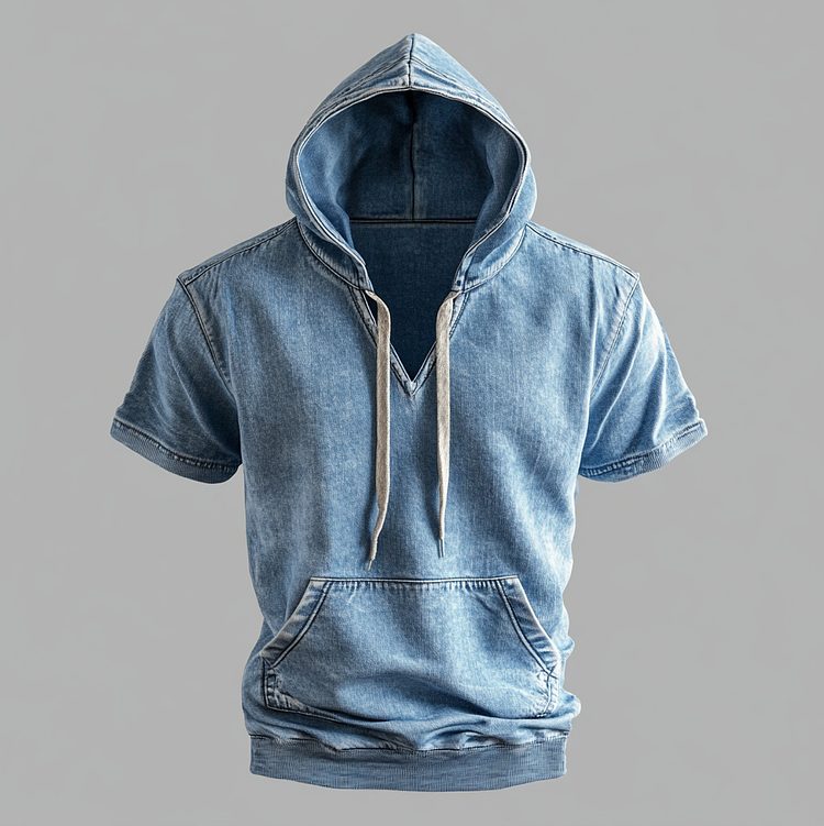 Men's Short Sleeve Pocket Drawstring Denim Hoodie