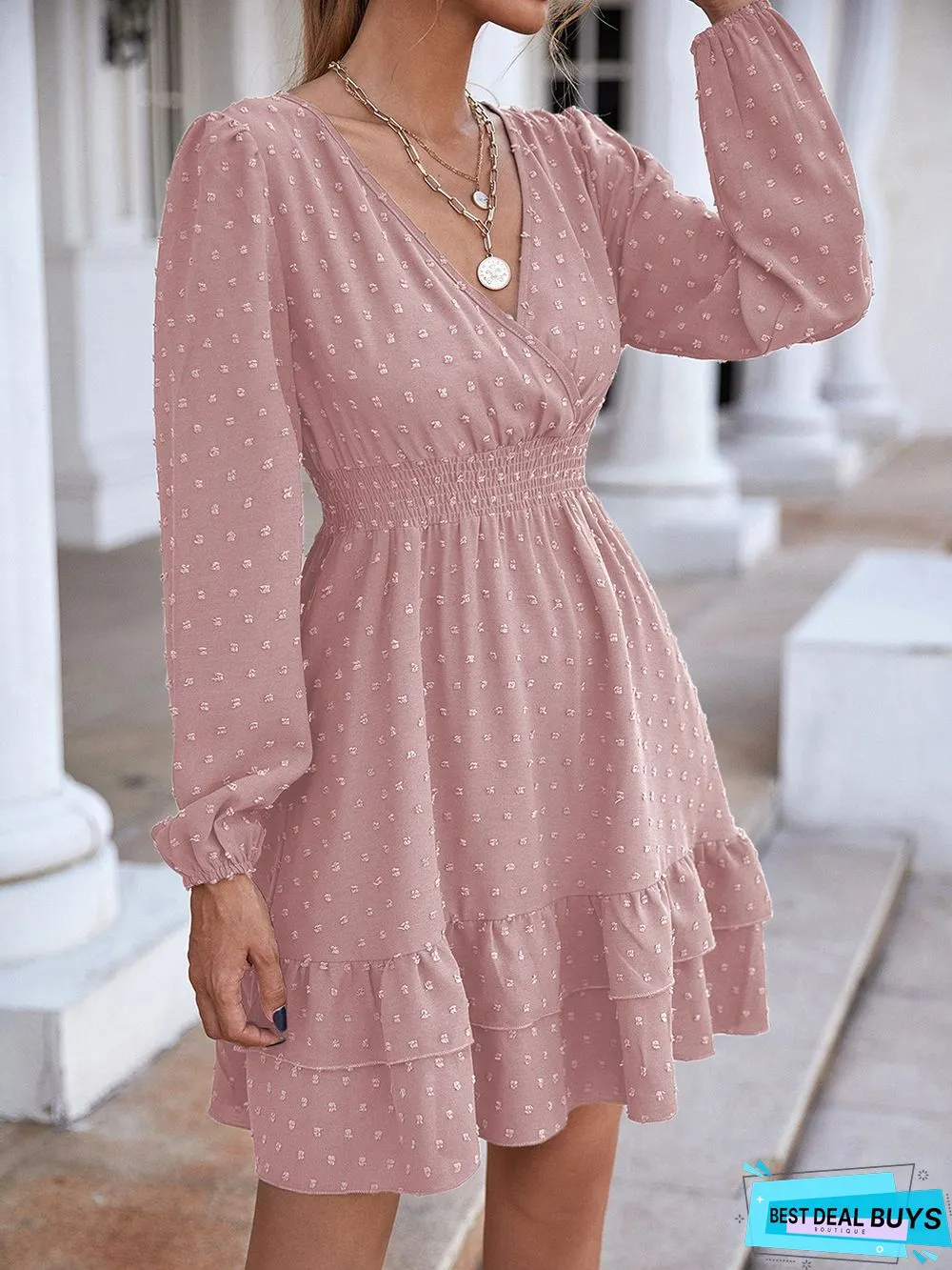 V-Neck Long-Sleeve Flounces Trim Commuter Dress For Women