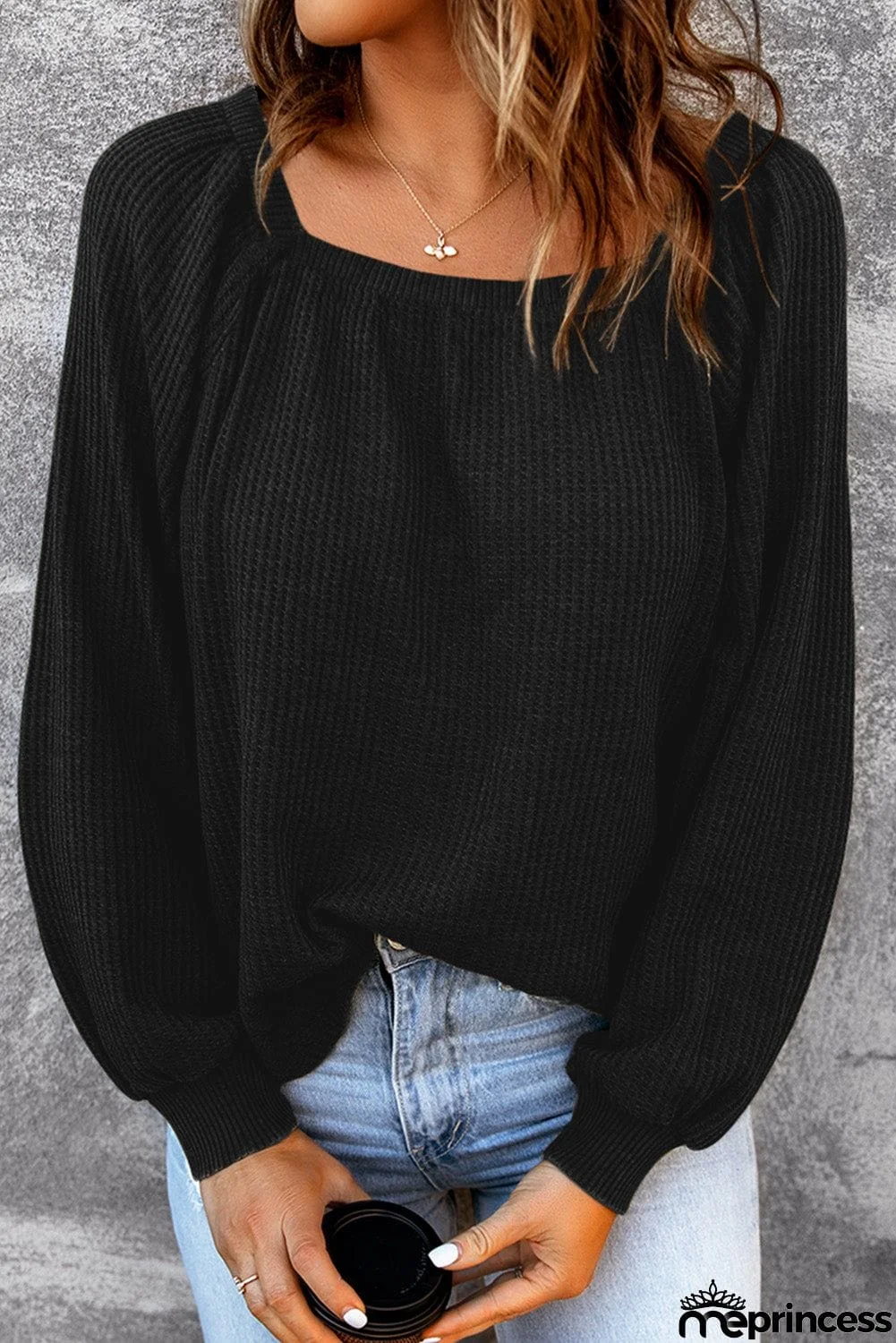 Scoop Neck Puff Sleeve Waffle Knit Top