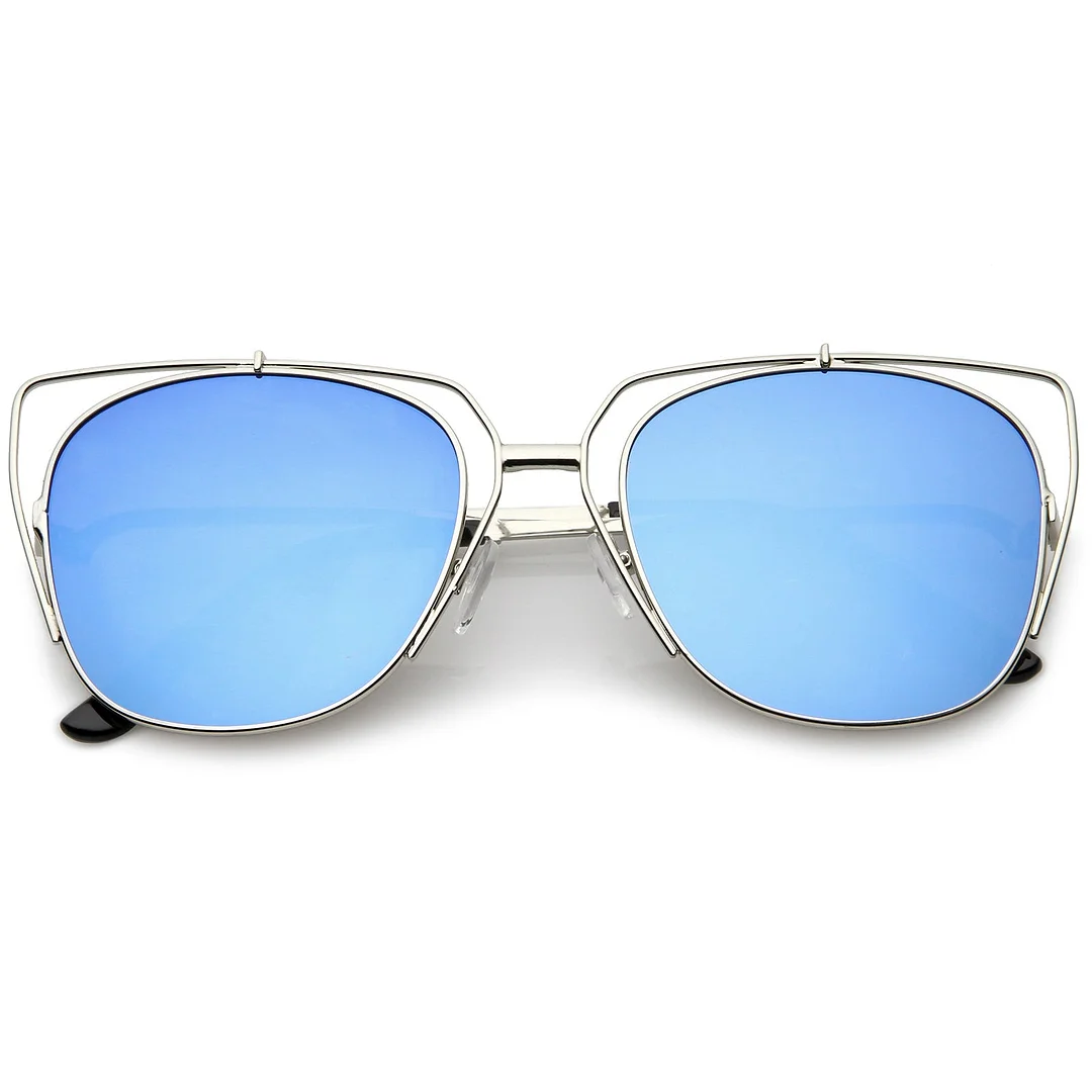 Women's Open Metal Cat Eye glasses With Mirrored Flat Lens And Slim Arms 55mm