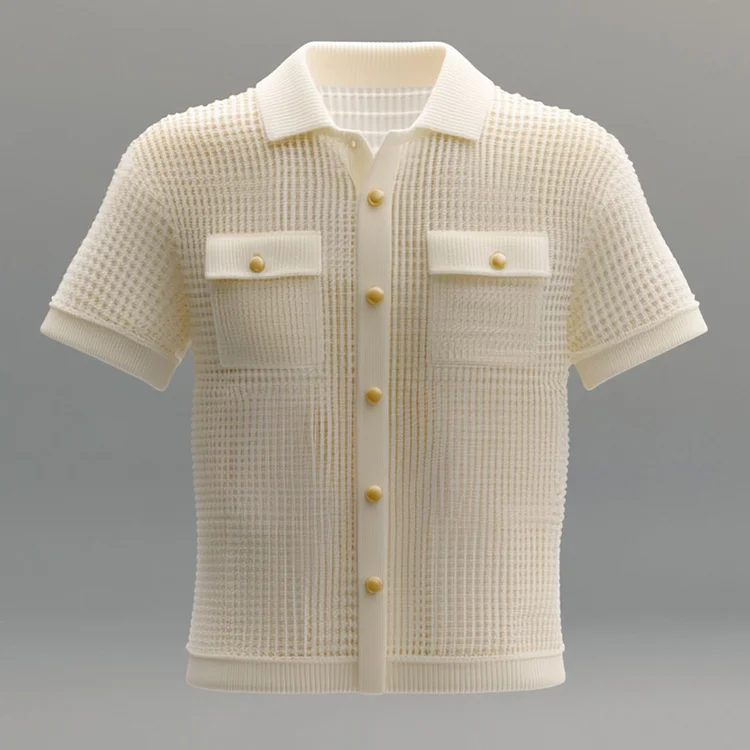 Okaywear Knitted Hollow Out Flap Pocket Button Short Sleeve Shirt Okaywear