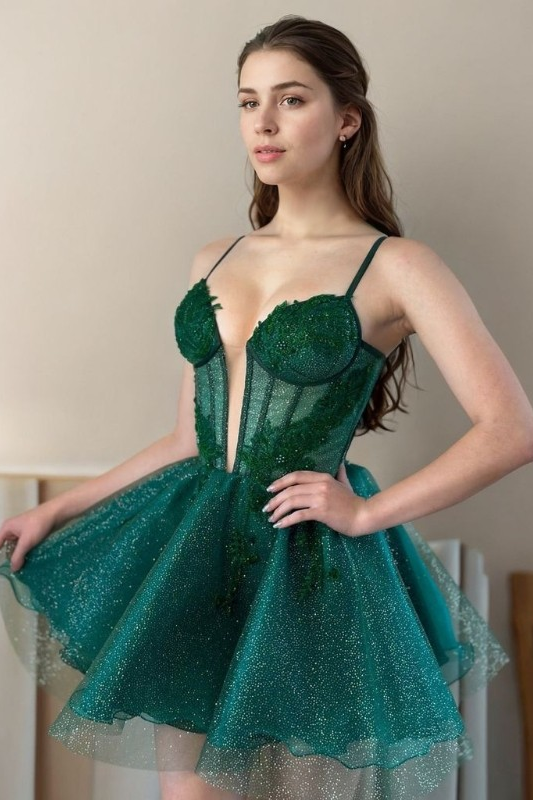 Oknass Dark Green Spaghetti Strap Sleeveless Short Homecoming Dress With Sequins