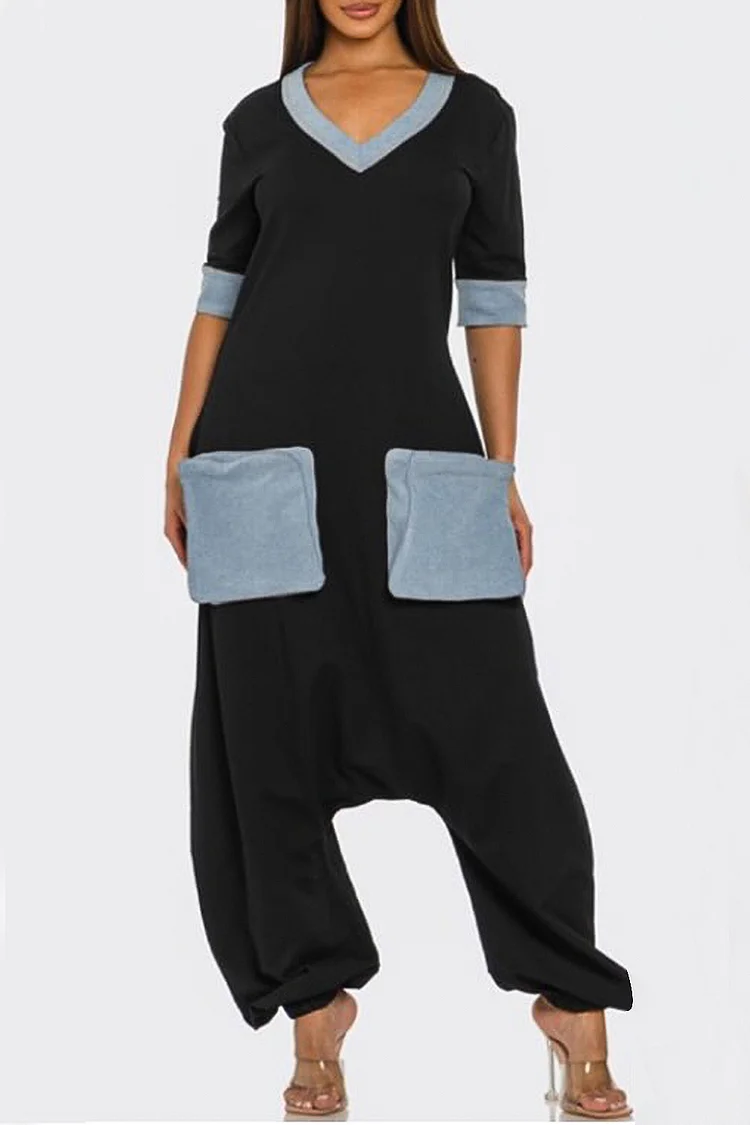 Plus Size Daily Black Casual V Neck Half Sleeve Pocket Contrast Jumpsuits [Pre-Order] 2024 - Xpluswear