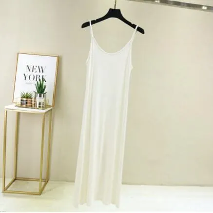 Vintage Solid Spaghetti Dress Women 2021 Elegant O Neck Long Sexy Modal Dresses Summer Autumn Korean Lady sleeveless Vestidos