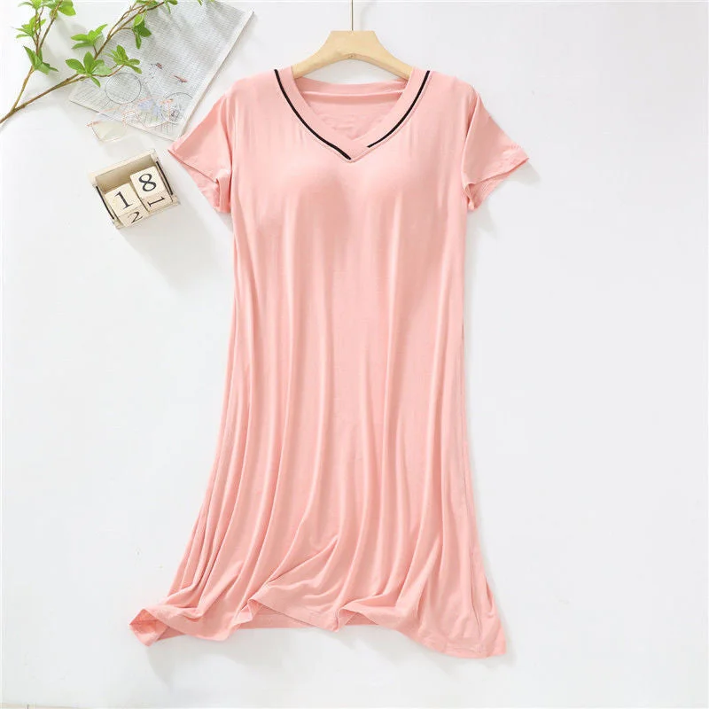 Loose Fitting Short Sleeved Home With Padded Mid Length Nightgown