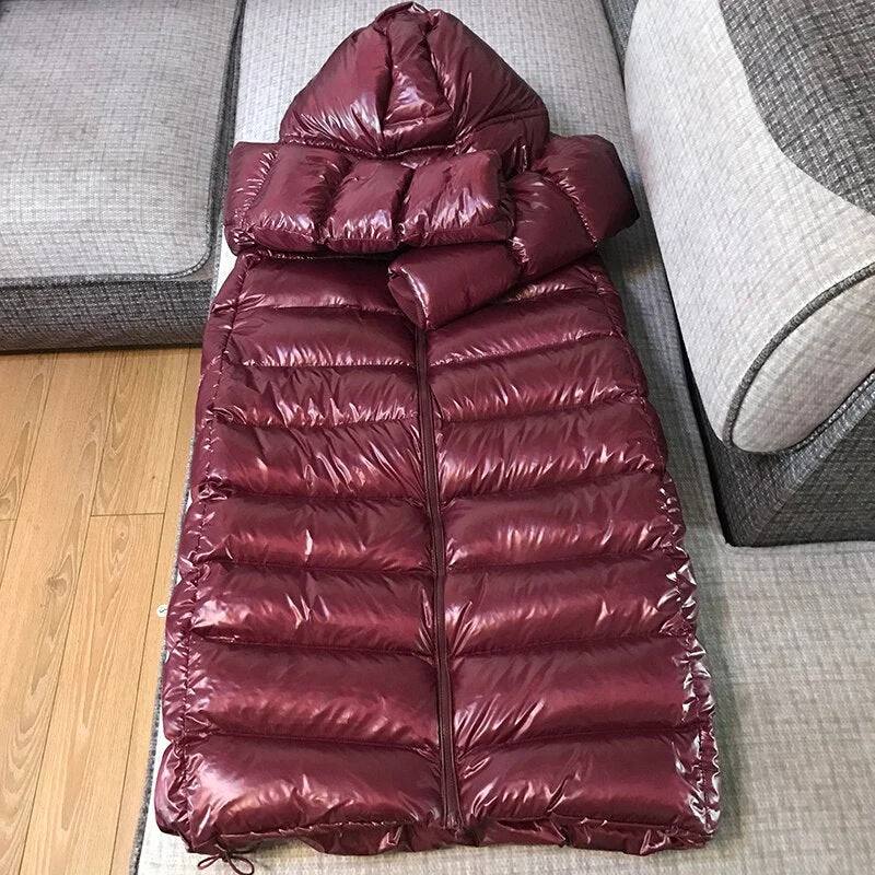 FTLZZ Winter Hooded Patent Leather Long Jacket Women Loose Thick Warm Snow Parkers White Duck Down Coat Waterproof Outwear