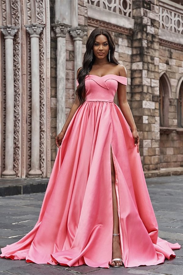 Gorgeous Pink Off-the-Shoulder Long Evening Dress With Split - lulusllly