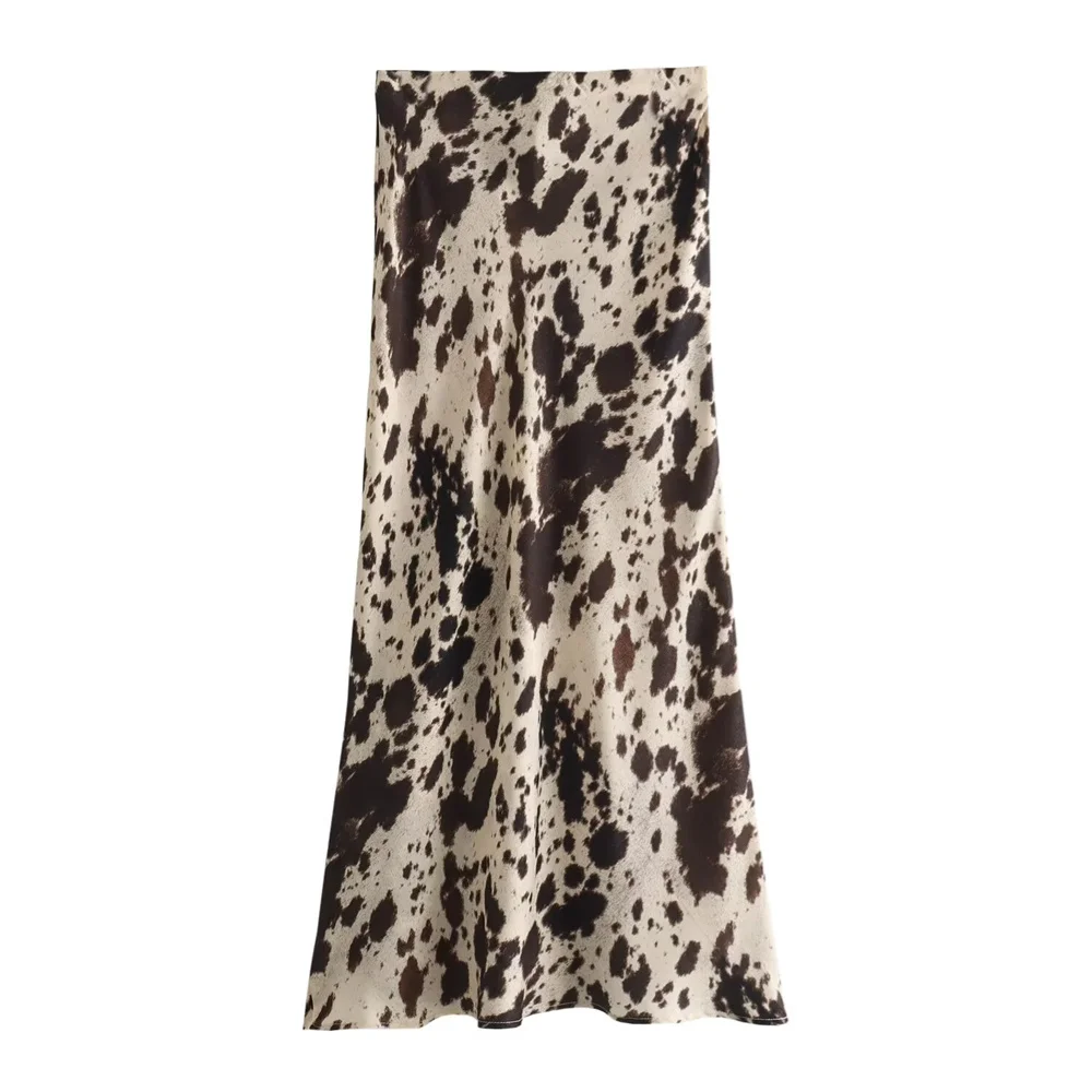 2025 Spring/Summer Animal Print Midi Skirt - High Waisted Satin Texture Fashion Skirt for Women