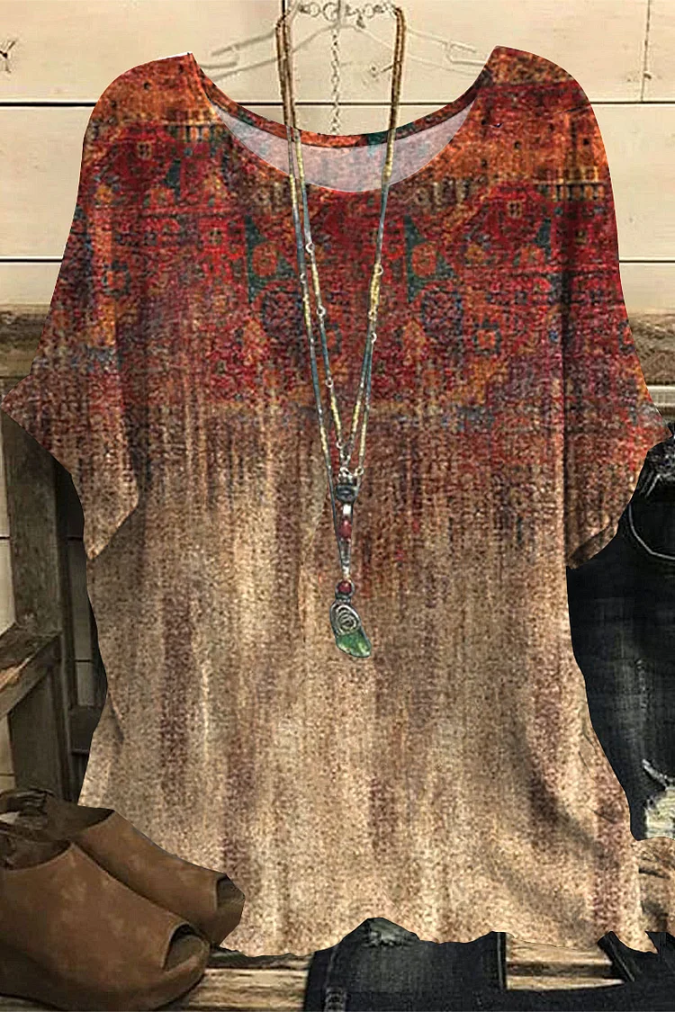 Flycurvy Plus Size Casual Brown Cotton And Linen Ombre Oil Painting Print Blouse  Flycurvy [product_label]
