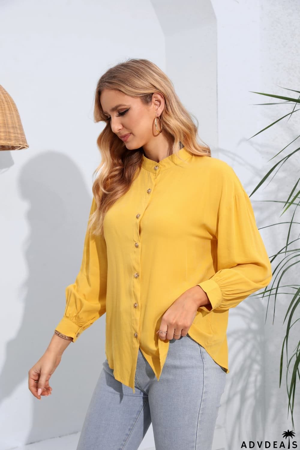 Mock Neck Buttoned Long Sleeve Shirt
