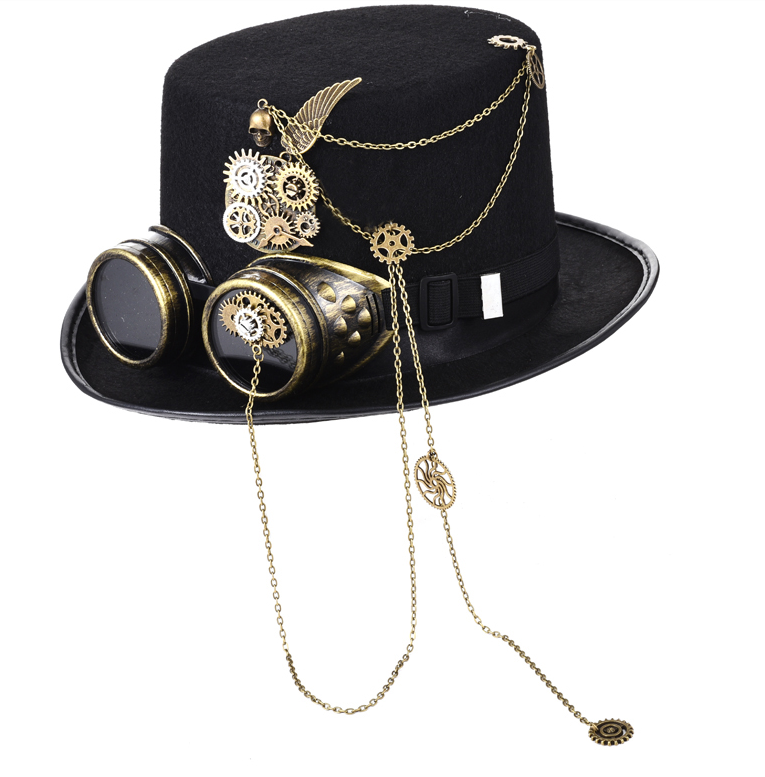 Steampunk Hat With Goggles Vintage Men Black Top Hat Gothic Halloween Women Fedora Chains Elegant Hat Head Wear Costume Party Novameme