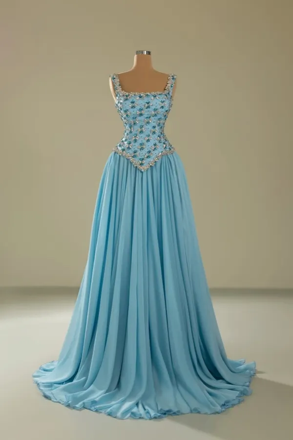 Lussooy Stunning Blue Rhinestone Beaded Sleeveless Wide Shoulder Strap Prom Dress 