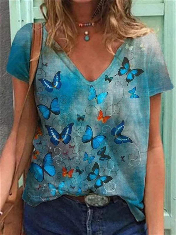 V-Neck Butterfly Print Loose T-Shirt