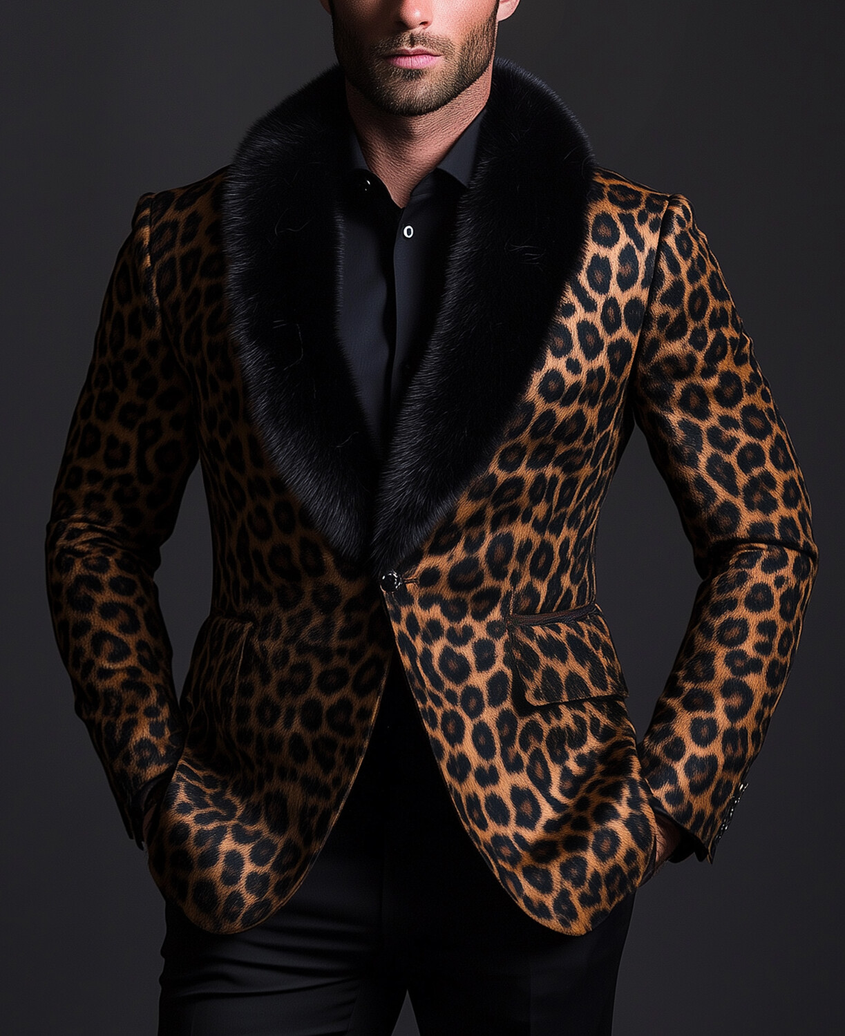 Okaywear Leopard Pattern Plush Shawl Lapel One Button Blazer