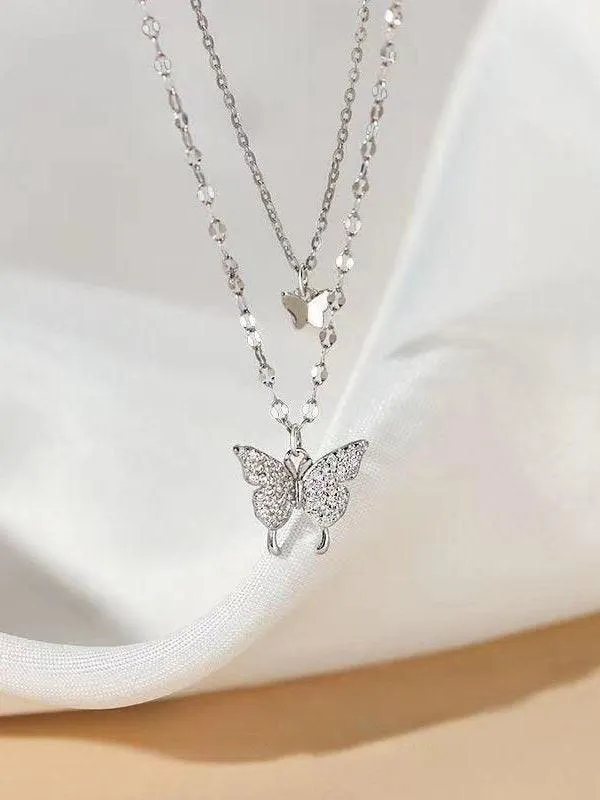 Brownm Rhinestone Butterfly Pendant Double Layered Necklace
