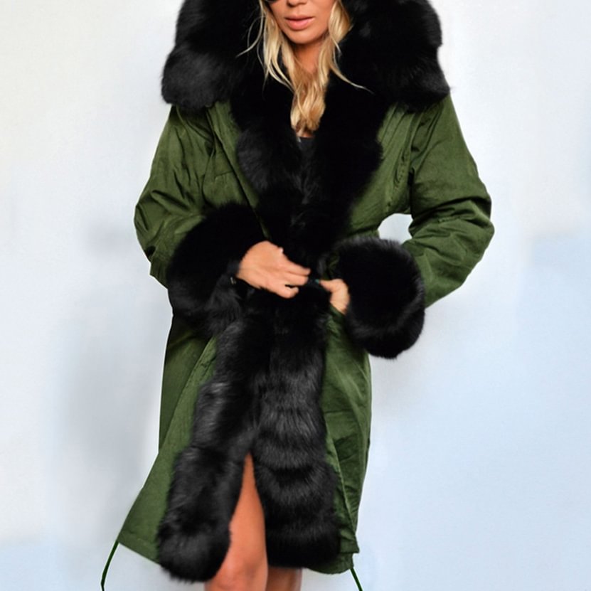 Autumn and winter color contrast fur collar stitching hooded coat